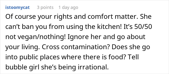 Screenshot of a Reddit comment discussing refusal to follow roommate&rsquo;s strict vegan kitchen rules and related conflict.