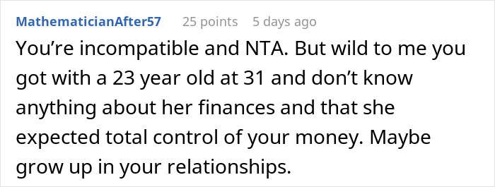 Comment discussing relationship issues over finances and debt, highlighting incompatibility and control concerns. Comment discussing relationship issues over finances and debt, highlighting incompatibility and control concerns.