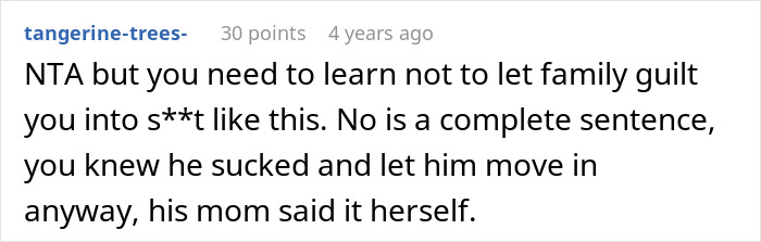 Screenshot of a Reddit comment discussing family guilt and a cousin's prank, related to a man demanding payment.