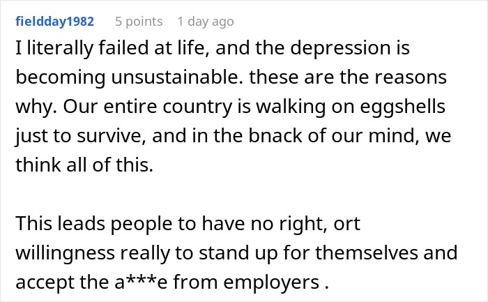 Red flags indicating job insecurity shown in a comment about depression and unfair treatment by employers. Red flags indicating job insecurity shown in a comment about depression and unfair treatment by employers.