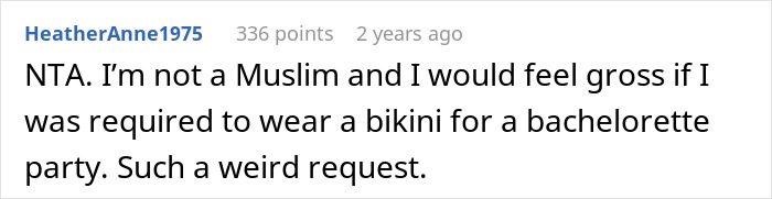 Screenshot of a Reddit comment discussing family conflict over Muslim daughter-in-law refusing to wear bikini at bridal party.