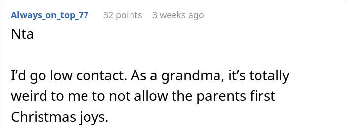Comment discussing grandma losing babysitting privileges for sneaking baby to Santa against parents' wishes during Christmas.