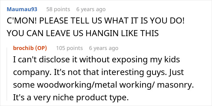 Reddit conversation about woodworking, metal working, and masonry skills in a family business involving half-brothers. Reddit conversation about woodworking, metal working, and masonry skills in a family business involving half-brothers.
