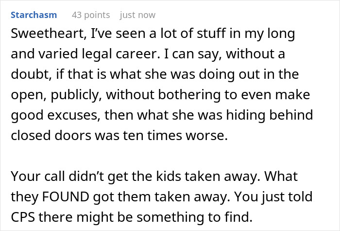 Comment discussing a woman’s guilt after calling CPS about coworker’s 9-year-old and legal perspectives shared.