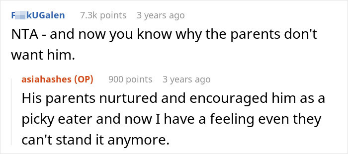 Screenshot of a Reddit thread discussing a picky eater demanding brother&rsquo;s in-laws change the Christmas menu and facing backlash.