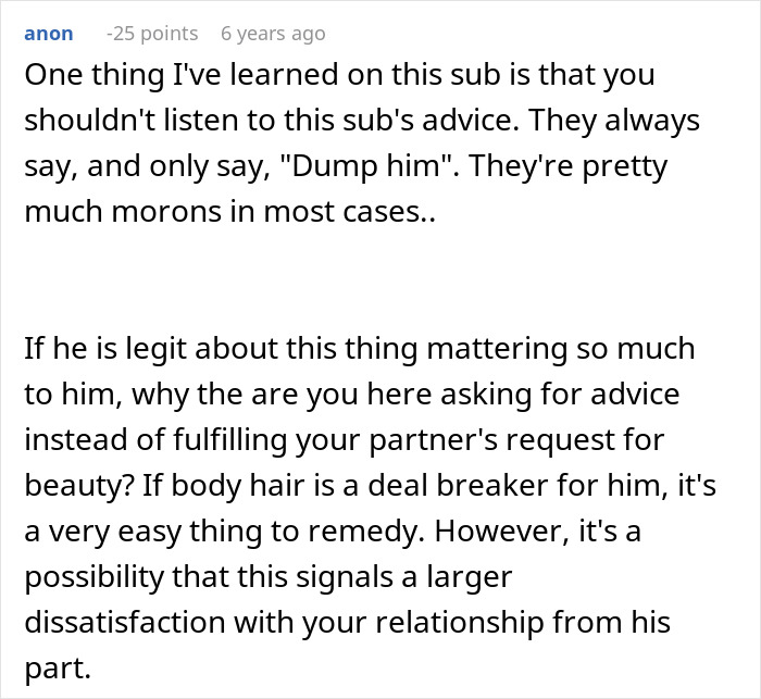 Screenshot of a Reddit comment discussing boyfriend demanding girlfriend to laser off all body hair and online backlash.