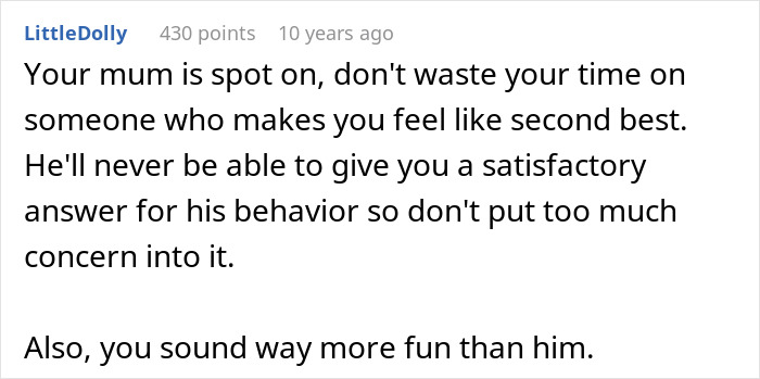 Screenshot of a forum comment discussing feelings about a man losing his girlfriend over a crush on a friendly coworker.