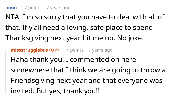 Screenshot of a Thanksgiving forum conversation about feeling regret after a family conflict during dinner. Screenshot of a Thanksgiving forum conversation about feeling regret after a family conflict during dinner.