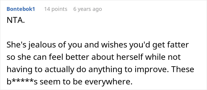 Screenshot of an online forum comment expressing frustration over coworker skinny-shaming despite body positivity preaching.