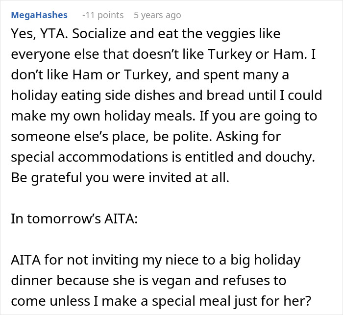 Comment discussing no vegan options for Christmas Eve dinner and opinions on accommodating special meal requests.