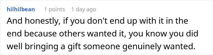 Screenshot of a Reddit comment discussing bringing a white elephant gift that others genuinely wanted during a gift exchange.