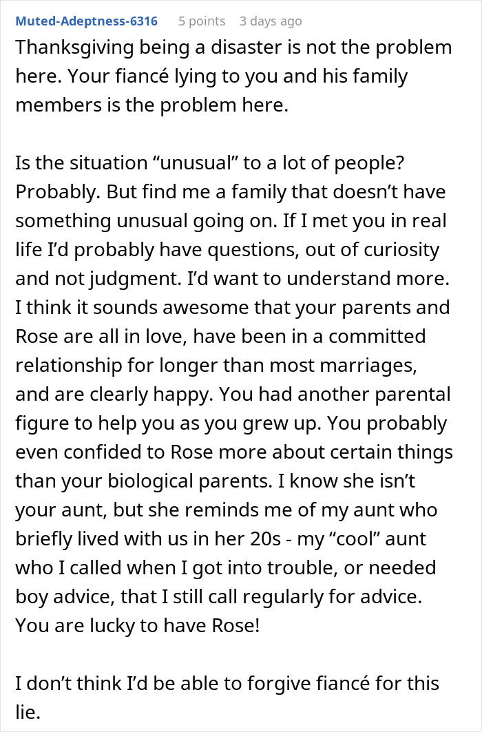 Alt text: Woman rethinks engagement after fianc&eacute;&rsquo;s lie about her family causes tension during holiday dinner conversation