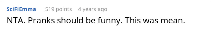 Screenshot of a Reddit comment stating that pranks should be funny, not mean, related to a man demanding cousin pay for prank.