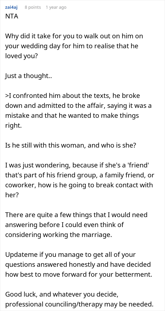 Reddit user discusses couple split at altar after bride overhears groom’s revealing affair, seeking support and advice. Reddit user discusses couple split at altar after bride overhears groom’s revealing affair, seeking support and advice.