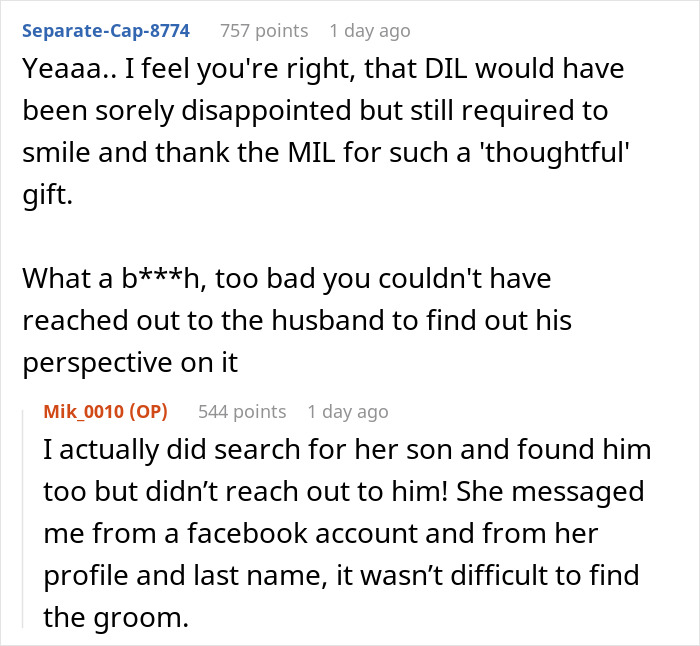 Screenshot of a Reddit conversation discussing a mother-in-law&rsquo;s plan to make bride look ugly in wedding illustration backfiring.