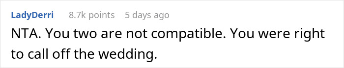 Text comment on a forum post about a groom ending relationship over debt and clashing values after fiancée demands $35k for wedding. Text comment on a forum post about a groom ending relationship over debt and clashing values after fiancée demands $35k for wedding.