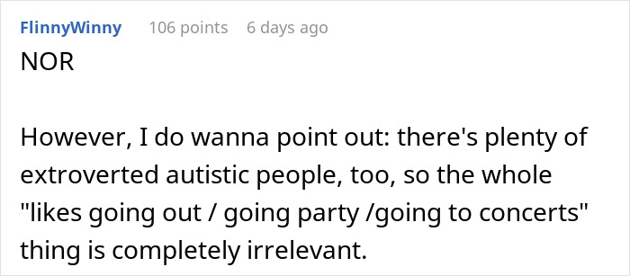 Comment discussing extroverted autistic people, related to self-diagnosed autism behavior and relationship challenges.