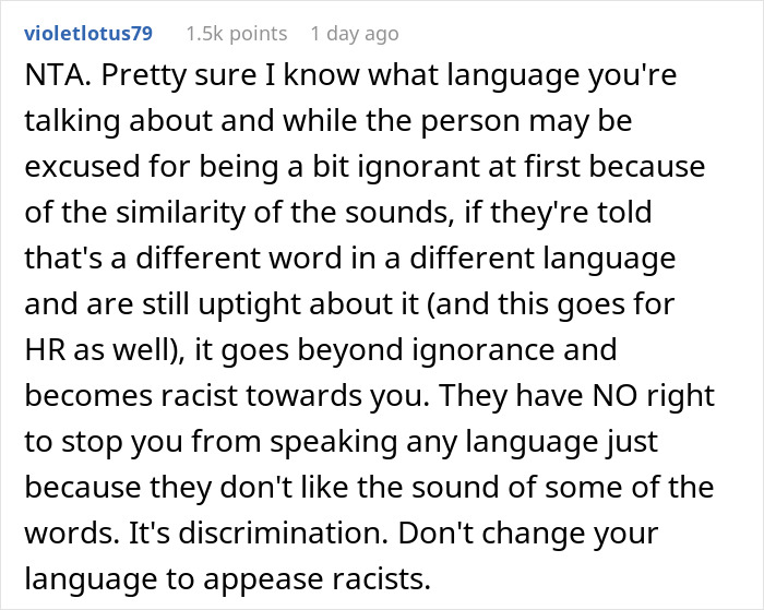 Alt text: Reddit comment discussing a man taking a call in Korean and coworker involving HR over language conflict. Alt text: Reddit comment discussing a man taking a call in Korean and coworker involving HR over language conflict.
