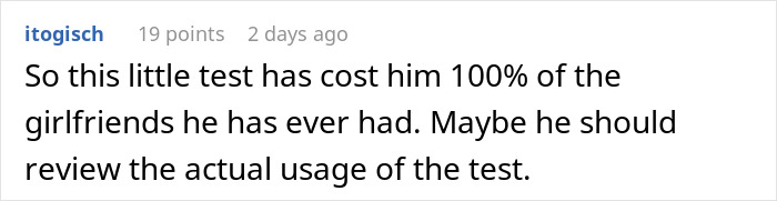 Comment discussing an immature guy tested by friends, mentioning loss of all his girlfriends due to the test.