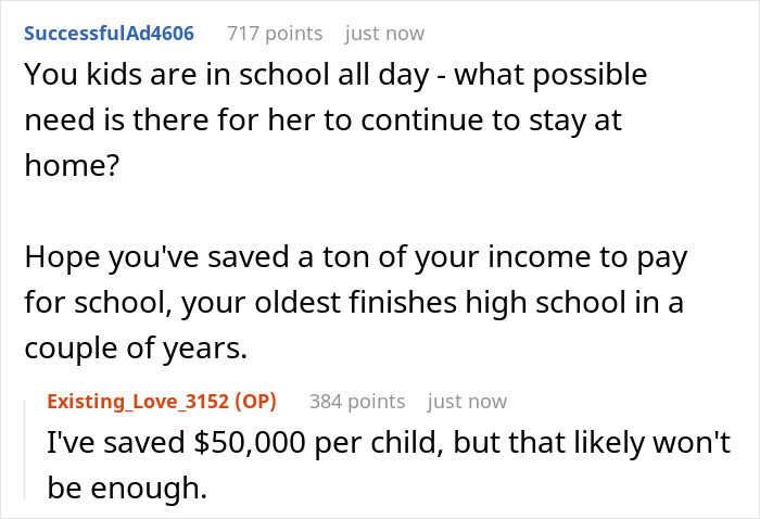 Screenshot of a discussion about a stay-at-home mom feeling poor despite receiving 1K per month as fun money.