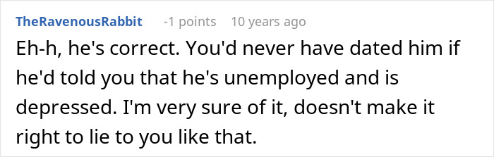 Screenshot of an online comment discussing a woman finding out her boyfriend built their relationship on lies and fear of losing her.