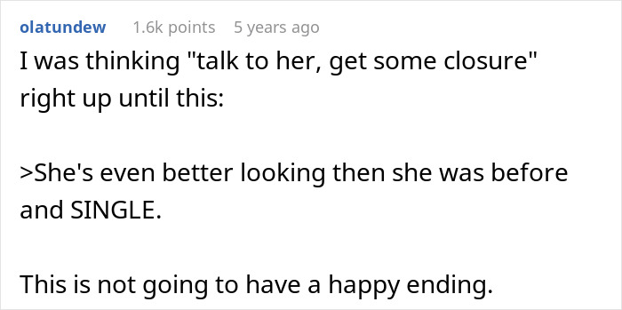 Screenshot of a Reddit comment discussing a man left without closure after fiancé disappears before wedding and hears from her years later.