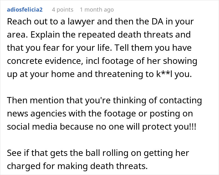 Comment advising to contact a lawyer and DA about restraining order and threats against MIL with evidence and social media warning.
