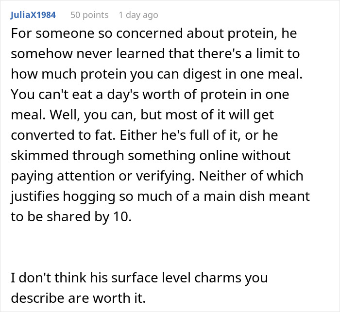 Comment discussing a guy unable to control his hunger while eating turkey, causing embarrassment at family gathering.