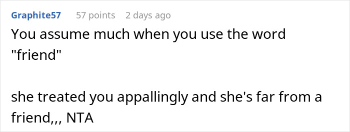 Alt text: Online comment about painful friendship wake-up call during a wedding dress shopping trip. Alt text: Online comment about painful friendship wake-up call during a wedding dress shopping trip.