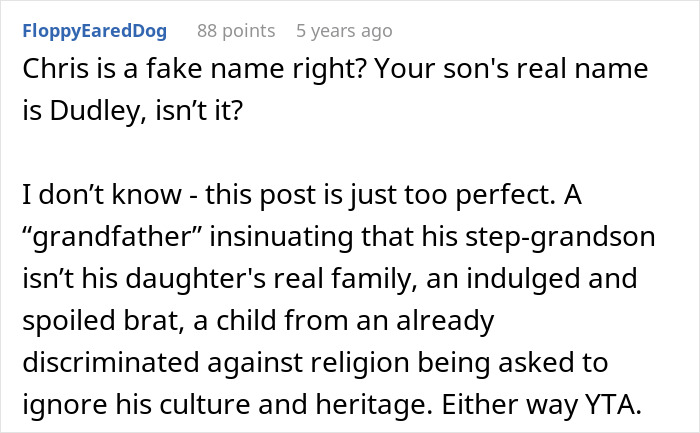 Reddit comment discussing family conflict over Hanukkah gifts due to a spoiled son's tantrum and cultural heritage issues.
