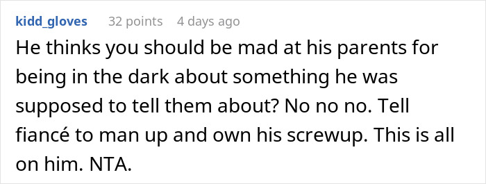 Comment discussing fianc&eacute;&rsquo;s lie about family causing woman to rethink engagement after holiday dinner conflict.