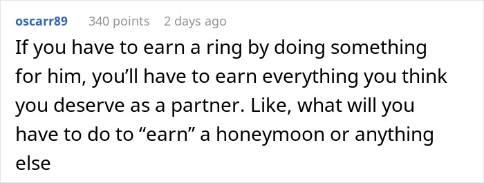 Screenshot of a social media comment debating if a girlfriend must earn an engagement ring, sparking relationship drama. Screenshot of a social media comment debating if a girlfriend must earn an engagement ring, sparking relationship drama.