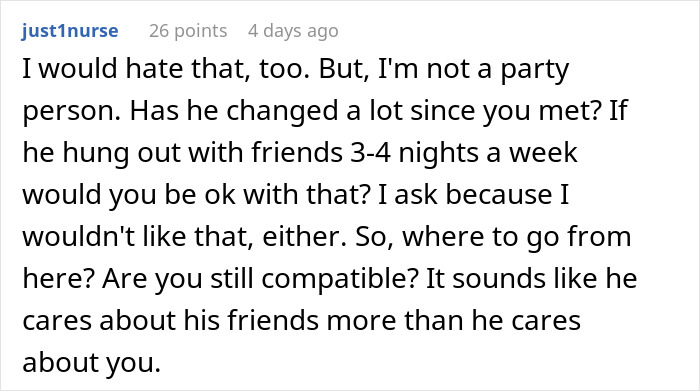 Comment discussing a woman shutting down boys&rsquo; nights at their house after they go too far, expressing frustration with friends.