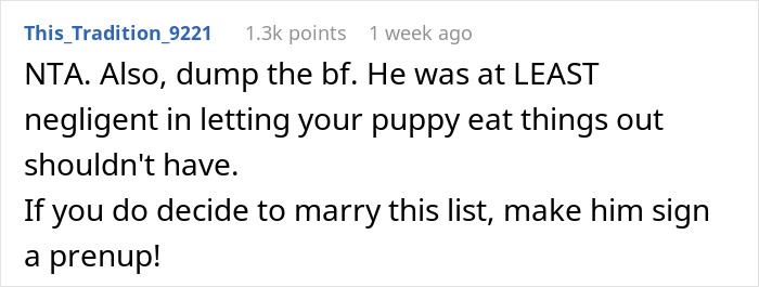 Comment on entitled mother expenses split son girlfriend, advising to dump boyfriend and consider a prenuptial agreement.