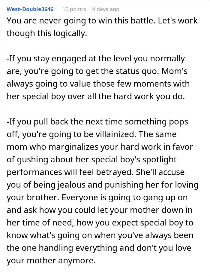 Text comment discussing a woman blinded by flowers from her son while not seeing how much her daughter is doing for her.
