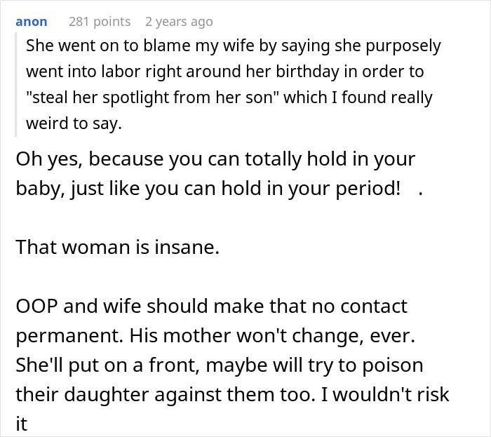 Comment discussing a mom raging at son for forgetting her birthday and accusing daughter-in-law of timing labor on purpose.