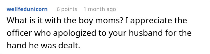Screenshot of a Reddit comment discussing appreciation for an officer apologizing related to a family situation.