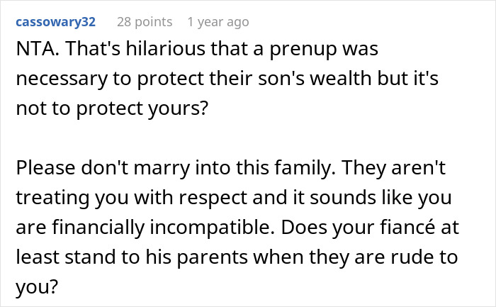 Reddit comment discussing future in-laws demanding a prenup and the financial conflict with a wealthy family.