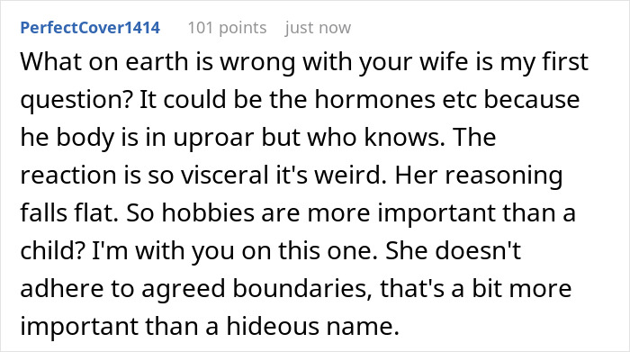 Comment discussing a couple on the verge of breakup over a newborn's bizarre name causing relationship tension.