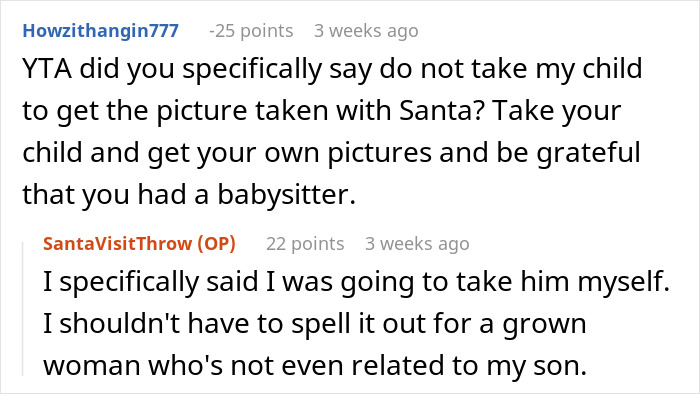 Step-grandma sneaks baby to Santa against rules, watched closely, leading to losing babysitting privileges permanently.