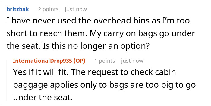 ALT text: Online discussion about airline luggage policy and cabin baggage rules causing passenger frustration and emotional distress for worker