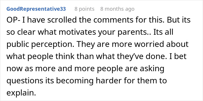 Screenshot of a Reddit comment discussing family guilt and public perception in the context of disowned family members.