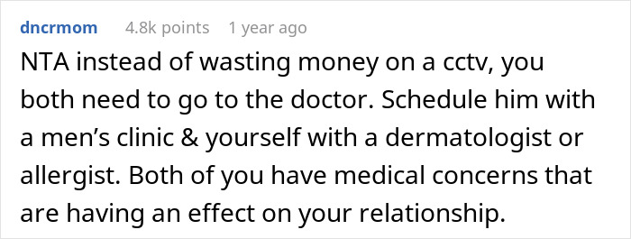 Comment suggesting a couple address medical concerns behind unexplained scratches before installing home CCTV due to trust issues.