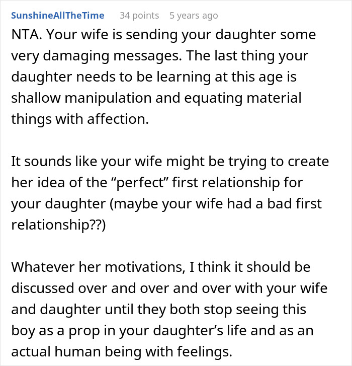 Screenshot of an online discussion about a dad calling out his wife for teaching their daughter to treat her boyfriend like a personal ATM. Screenshot of an online discussion about a dad calling out his wife for teaching their daughter to treat her boyfriend like a personal ATM.