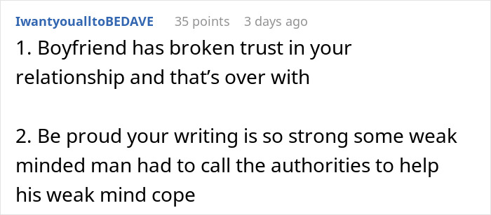 Screenshot of an online post where a woman seeks advice after her boyfriend calls police over her novel's content.