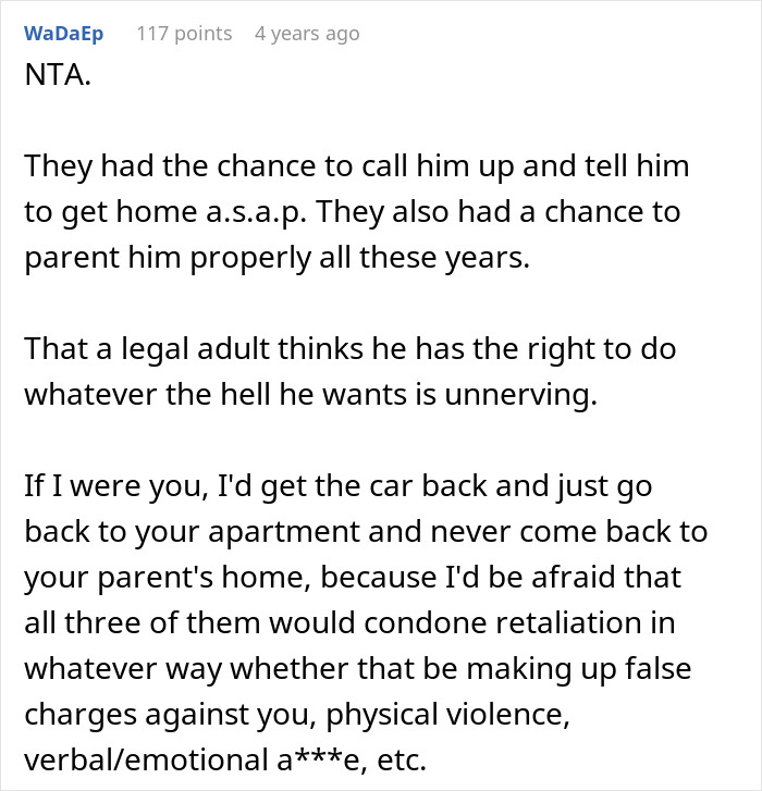 Comment discussing family conflict over half-brother arrested for stealing car, highlighting betrayal and retaliation fears.