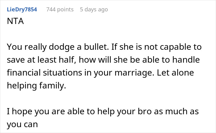 Comment discussing financial clashes after fiancée demands groom pay $35k for wedding and ending relationship over debt issues. Comment discussing financial clashes after fiancée demands groom pay $35k for wedding and ending relationship over debt issues.