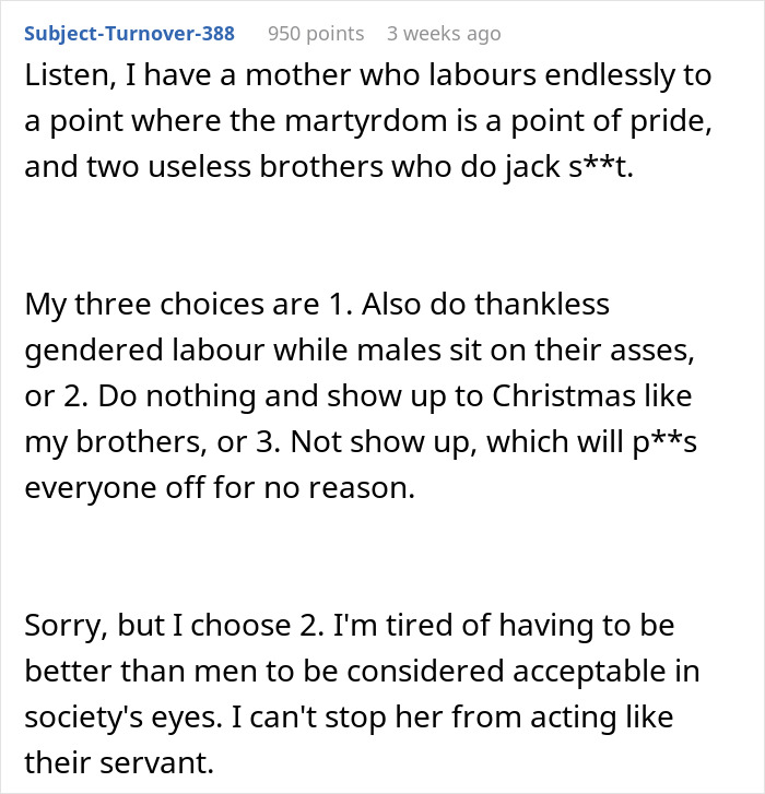 Text post discussing feminism and adults leaving moms to do all the labor during Christmas while critiquing gendered roles.