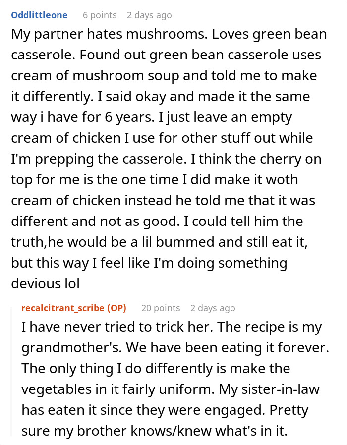 Reddit conversation showing a woman calling out sister-in-law for pretending to have a food allergy.