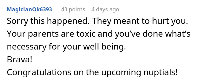 Reddit comment expressing support for a man cutting off parents after conflict over planning a small wedding. Reddit comment expressing support for a man cutting off parents after conflict over planning a small wedding.